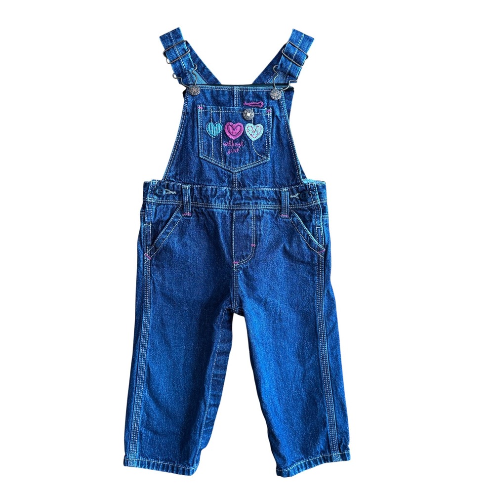 OshKosh Bgosh Girls Denim Heart Embroidered Vestbak Overalls 12 Months